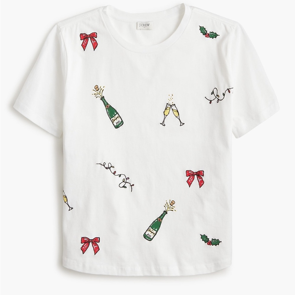 J. Crew White Holiday Champagne & Bows Graphic Tee